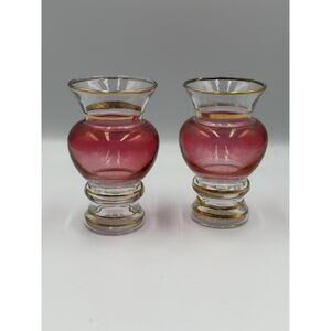 Lot of 2 Vintage Cranberry Glass Short Vases Gold Bands Blown 4" Tall